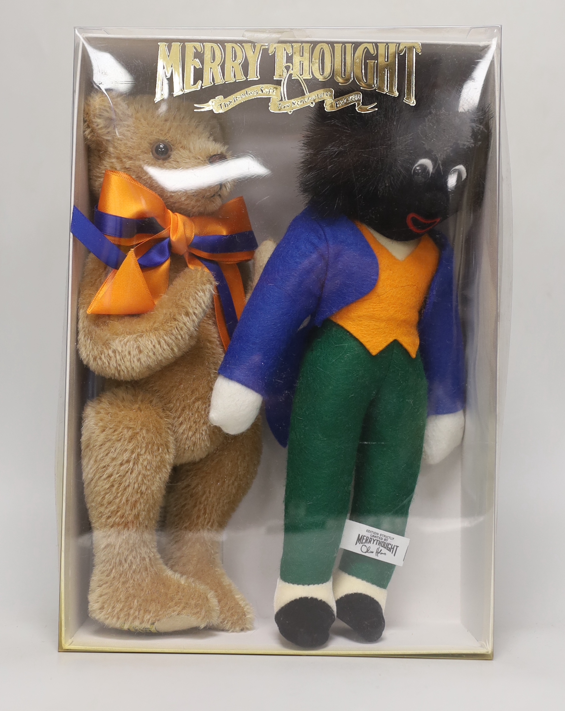 A Merrythought teddy and golly, boxed, with five artist's bears